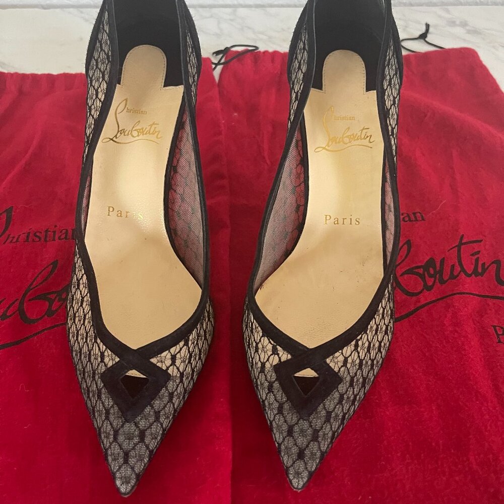 Christian Louboutin 85 Black Neoalto Suede Mesh Resille Stiletto - Size 38.5
